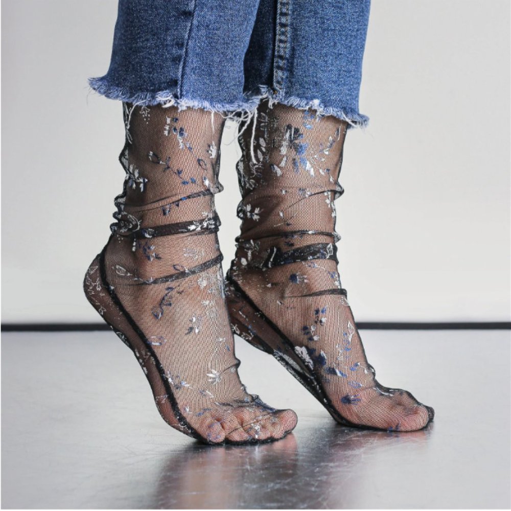 Floral Sheer Socks, Silver Floral Tulle Sock, Dress Socks For Heels